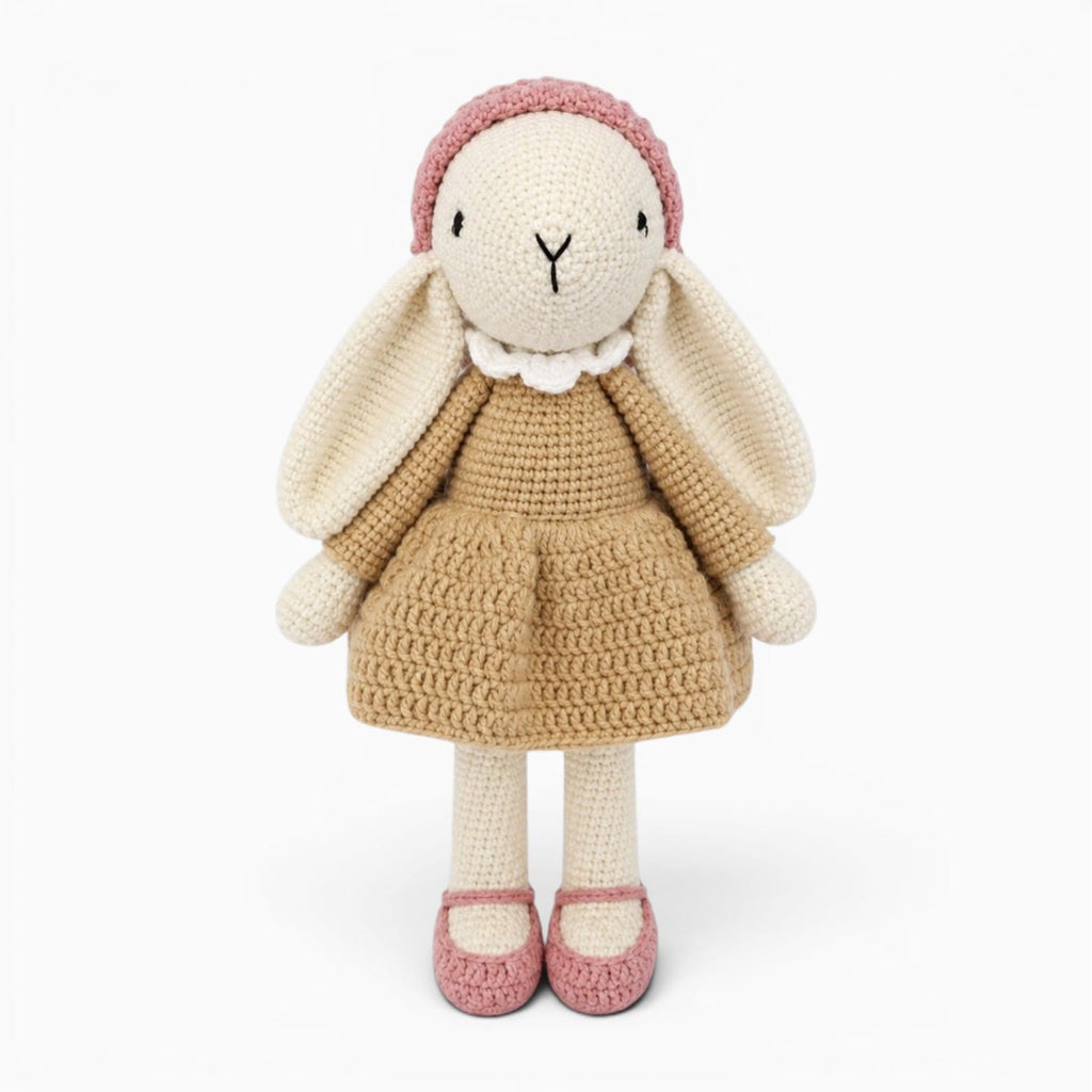 kuscheltierland Beige / 26cm Gehäkeltes Hasen Kuscheltier im beigen Kleid