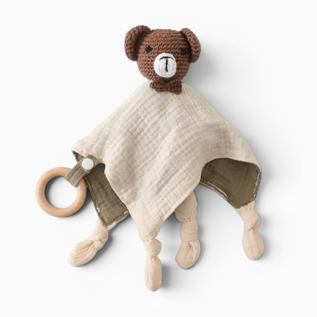 kuscheltierland Double Sides Bear Baby Cotton Soothing Towel With Crochet Rabbit Bear Rattle Wooden Ring Bracelet Newborn Saliva Towel Newborn Sleep Teether Toys