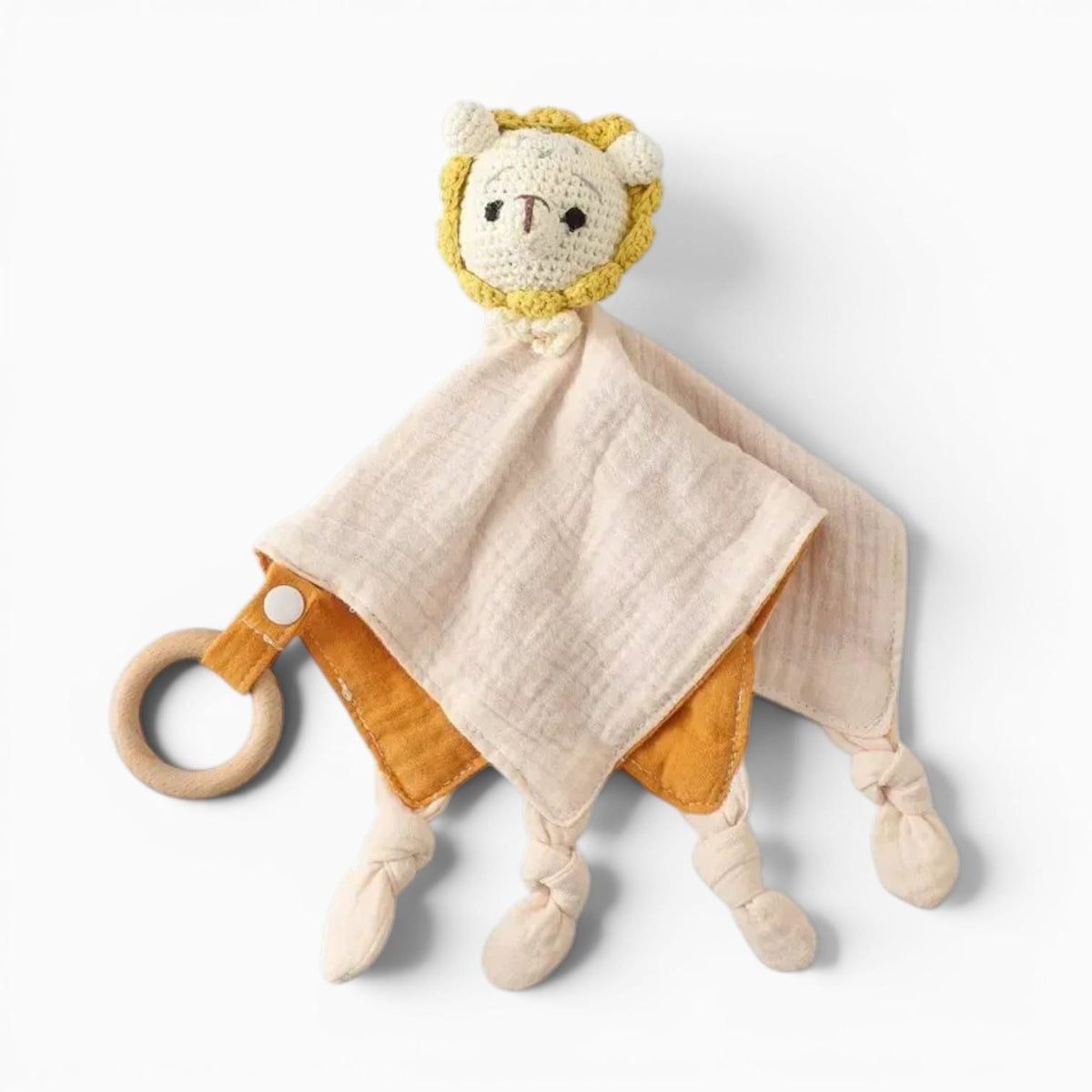 kuscheltierland Double Sides Lion Baby Cotton Soothing Towel With Crochet Rabbit Bear Rattle Wooden Ring Bracelet Newborn Saliva Towel Newborn Sleep Teether Toys