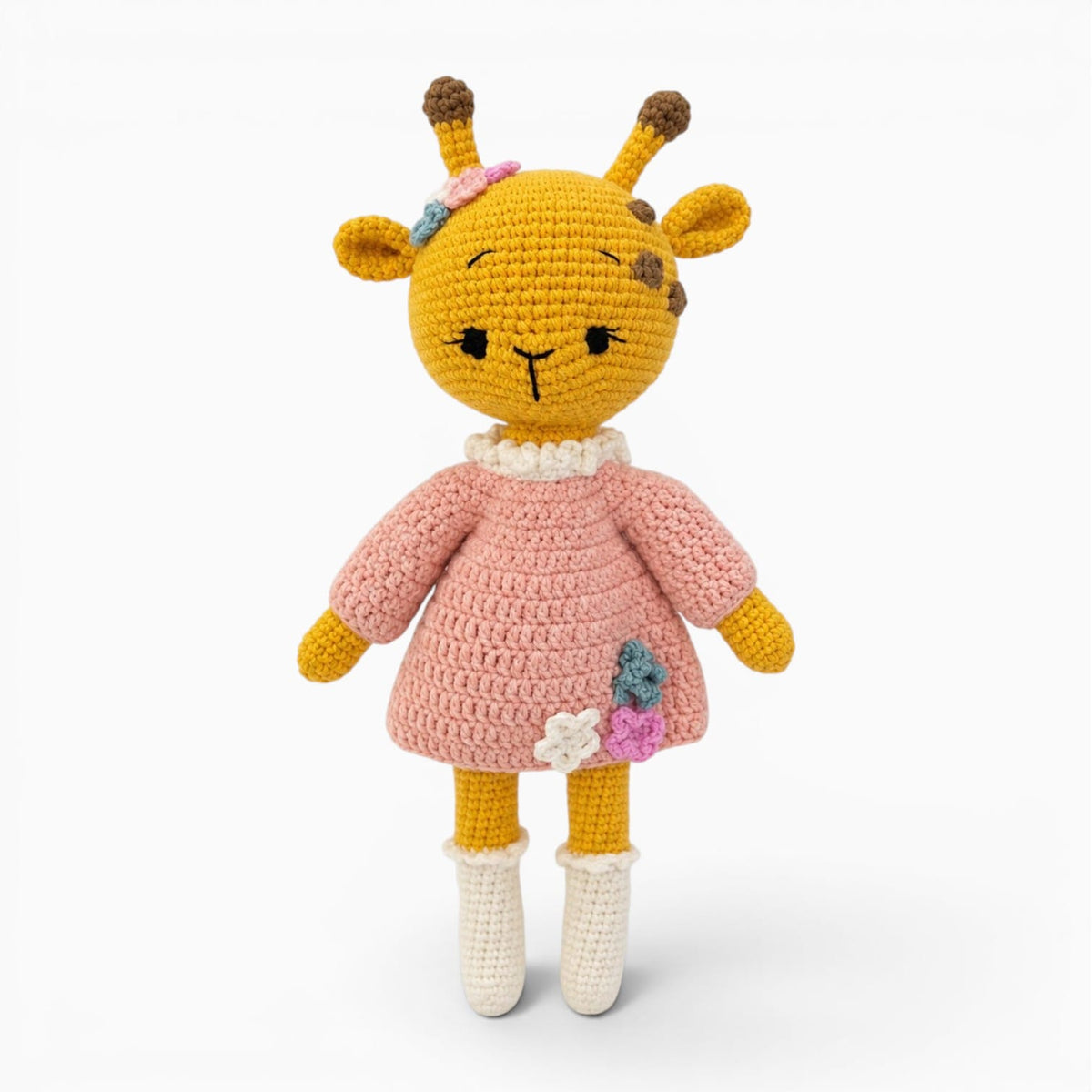 kuscheltierland Gelb / 26cm Gehäkeltes Giraffen Kuscheltier im rosa Kleid