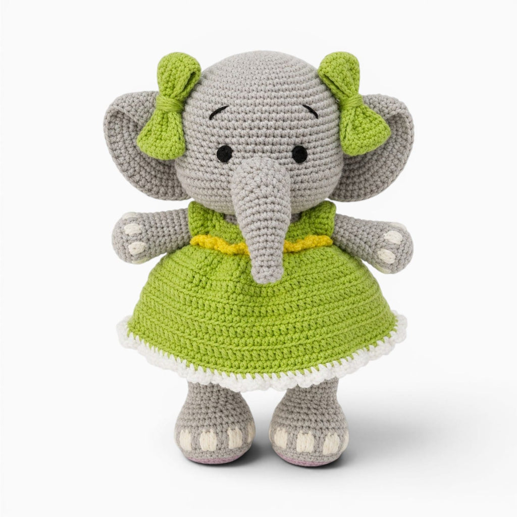 kuscheltierland Grün / 22cm Graues gehäkeltes Elefanten Kuscheltier im grünen Kleid