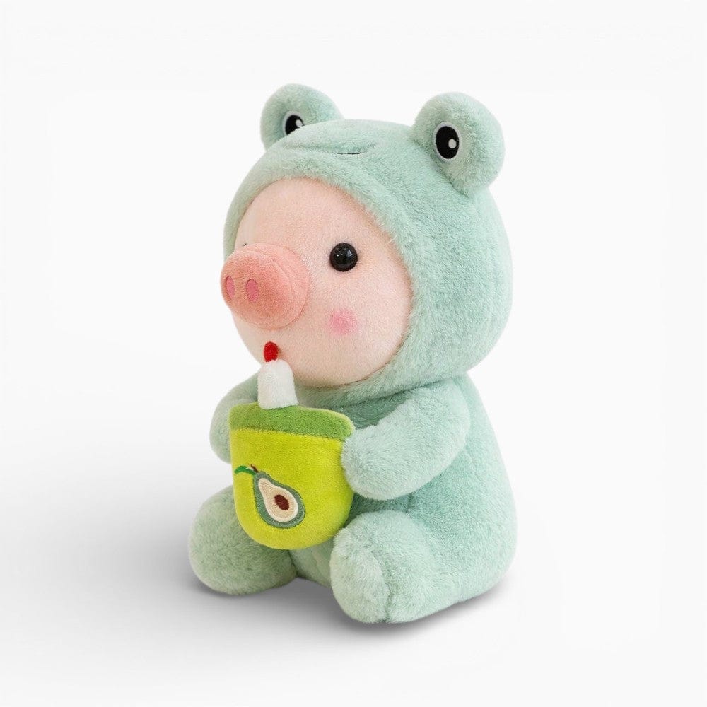 kuscheltierland Grün Schweinchen-Plüschtier im Froschkostüm mit Bubble Tea