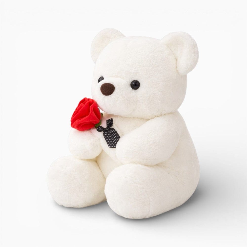 kuscheltierland Weiß Weißer Teddybär mit einer roten Rose