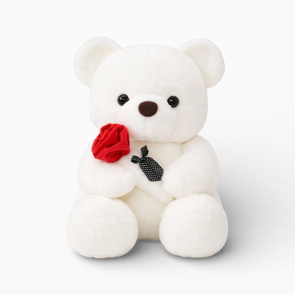 kuscheltierland Weiß Weißer Teddybär mit einer roten Rose